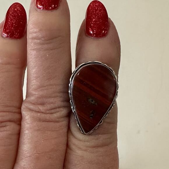 Red Jasper silver overlay gemstone ring size adjustable stamped 925 - Picture 3 of 6